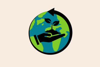 A globe with a hand icon in the centre holding a seedling