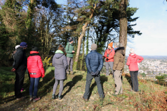 A group of people standing in a circle in woodland