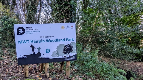 The image shows trees and a sign which reads MWT Hairpin Woodland Park