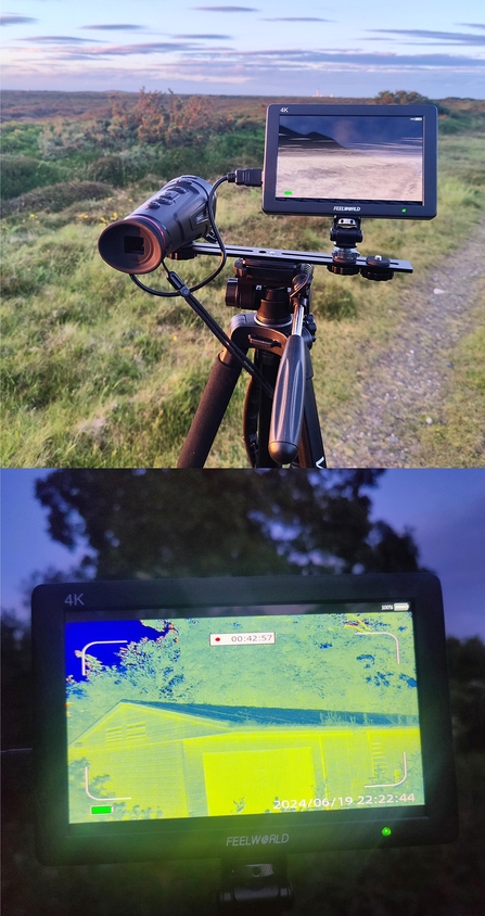 The left picture shows a black thermal scope mounted on a tripod with a screen displaying the thermal image. The area of focus is an open scrub and heathland.