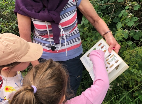 2 children pointing at an identification book for invertebrates.